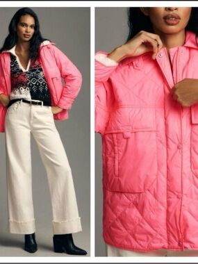 By Anthropologie Hot Pink Quilted Puffer Jacket with Flap Pockets